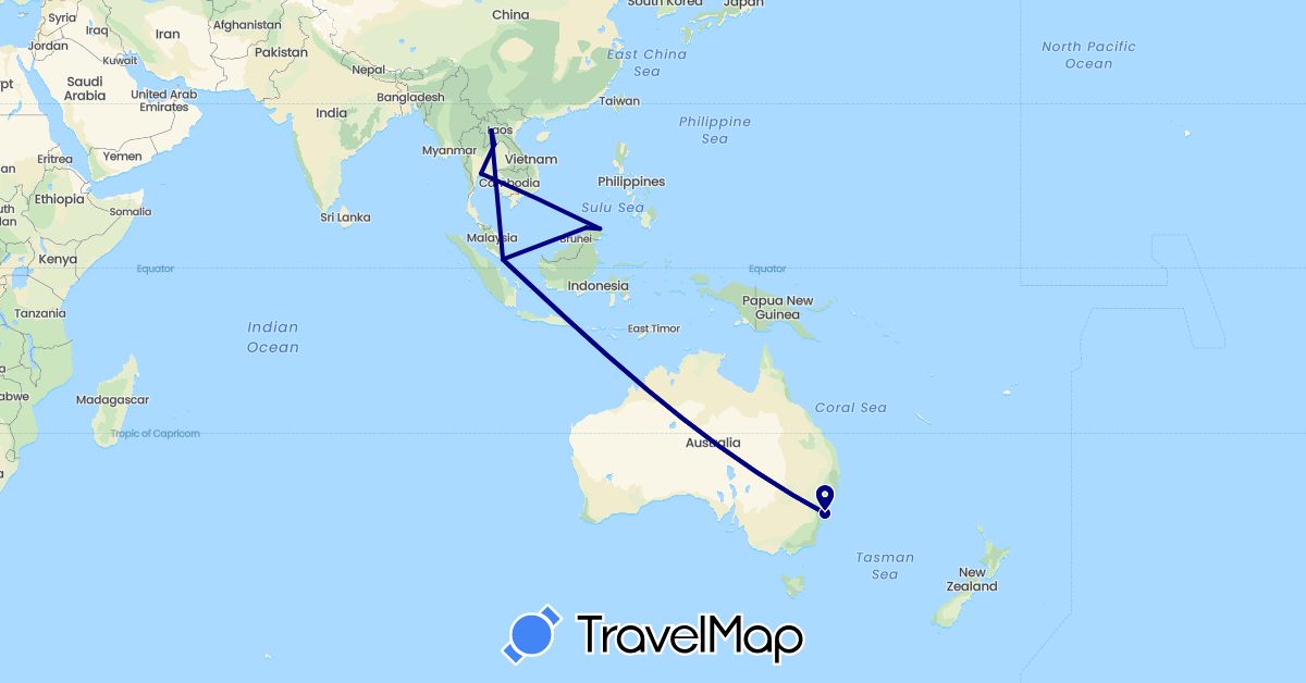 TravelMap itinerary: driving in Australia, Laos, Malaysia, Singapore, Thailand (Asia, Oceania)